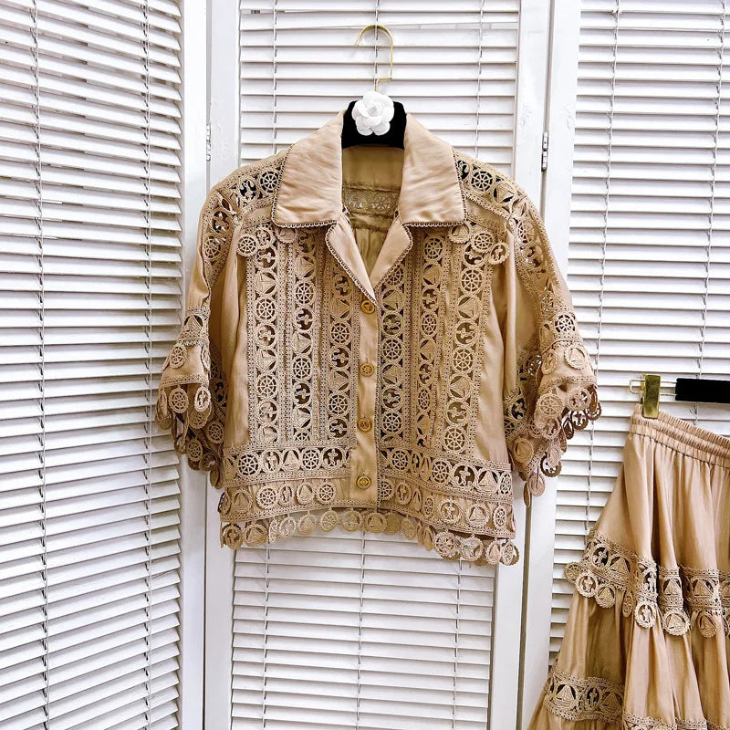 Luxury Hollow Out Dress Two Piece Set Women's 2025 Summer Holiday Embroidered Lace Jackets White Tops Pleated Short Skirts Suits
