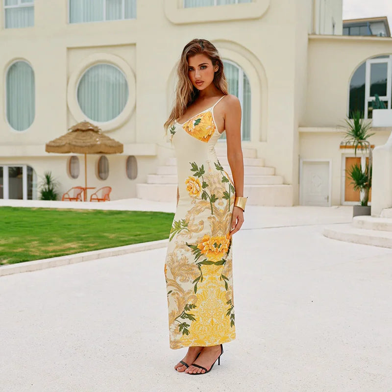 Sleeveless Floral Print Suspender Dress Women Fashion V-neck Slim Maxi Dresses 2023 Summer Chic Female Beach Party Club Robe - CRAVO ROSE