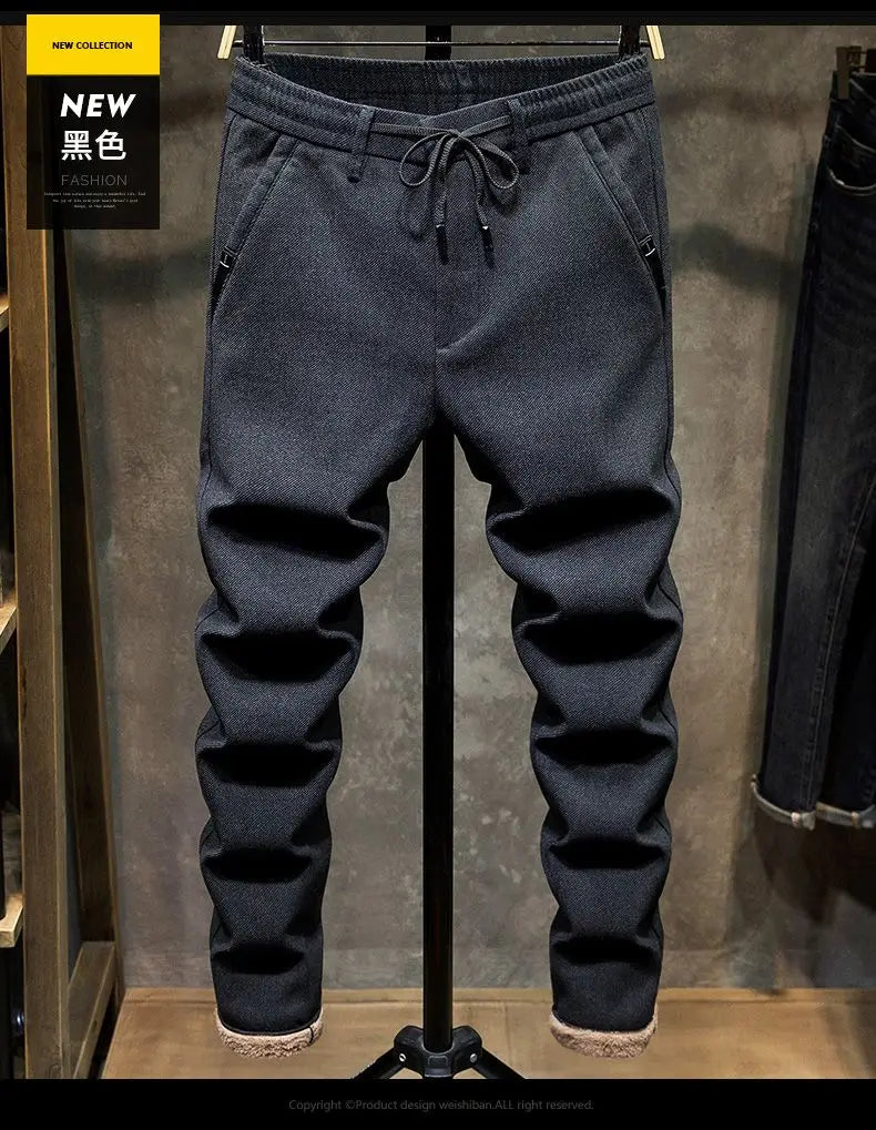 Korean Fashion Fleece Plush Mens Casual Full Length Elastic Waist Autumn and Winter Thickened Drawstring Sports Joggers Trousers