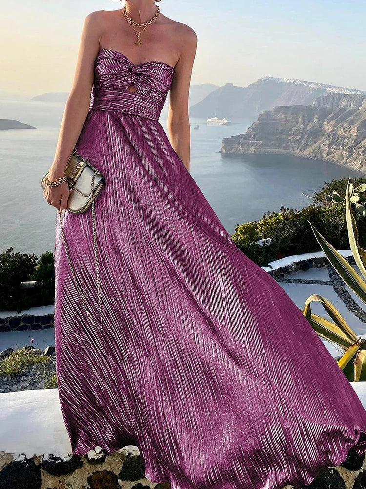 2024 Sexy Twist Strapless Hollow Out Long Dress Women Boho Elegant Bronzing Evening Dress Fashion Sleeveless A-Line Party Dress