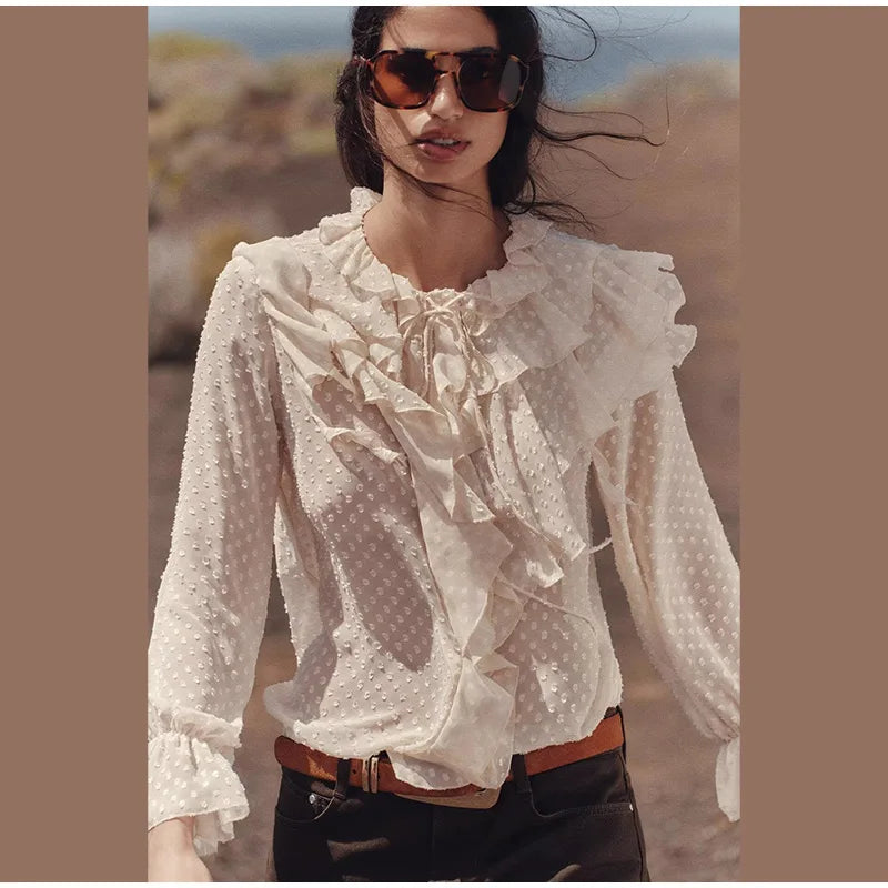 Blusa feminina elegante, azul, gola alta, babados, manga comprida, lisa, solta, chiffon, nova blusa feminina de verão 2025