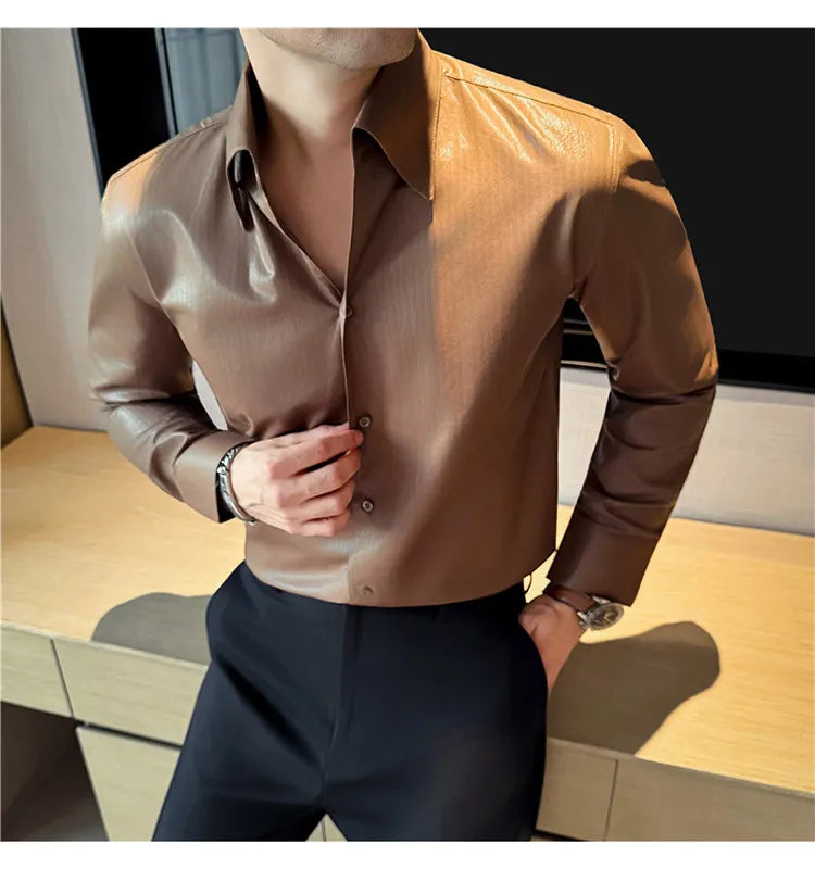 2026 Spring Fashion Big Collar Design Long Sleeved Shirt High Quality Men's Business Slim Fit Social Tuxedo Cotton Shirts