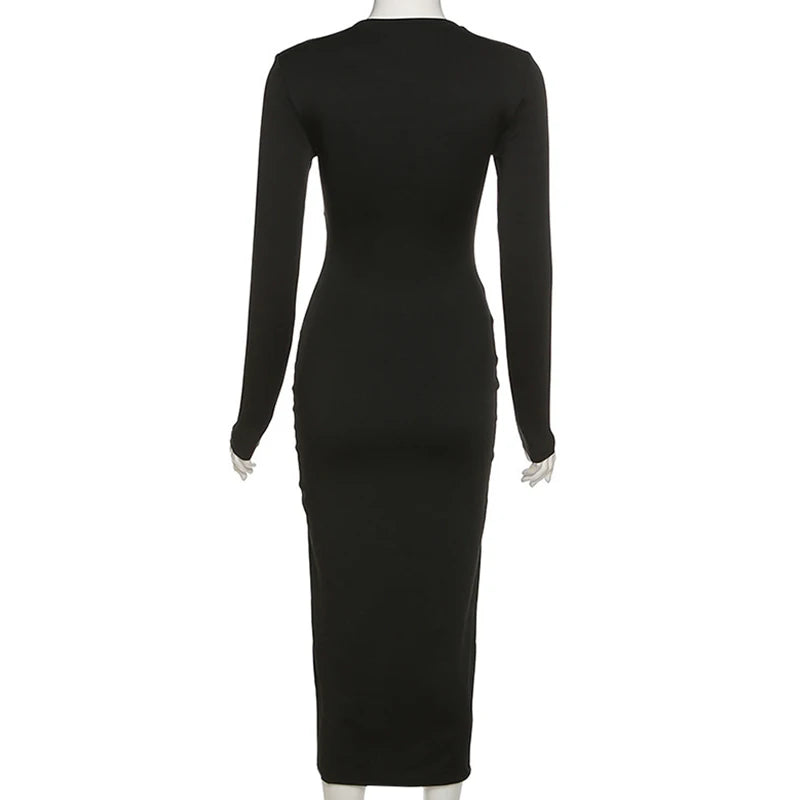 Autumn Crossed Cleavage Maxi Dress Women Concise Side Spilt Elegant Vestido Lady High Street Bodycon Slim Robe Skirt