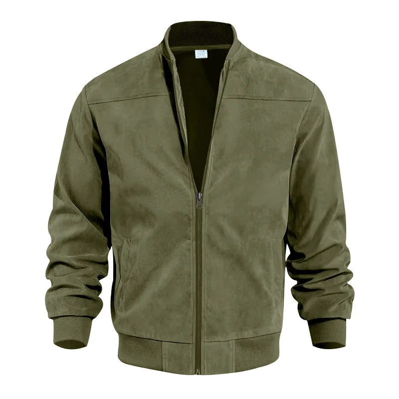 Men's Business Casual Suede Jacket Zipper Collar Warm Sporty Outerwear Polyester Fabric Long Sleeve round Hem Knitted Sleeve