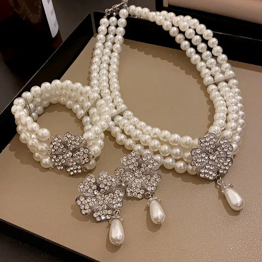 Flower Party Necklaces Women French Luxury Imitation Pearl Multi-layer Necklaces Bracelet Earrings Rhinestone Jewelry Sets K-
