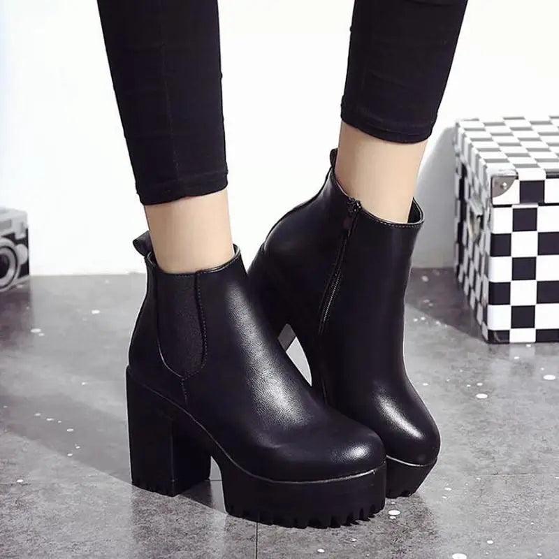 Botas Mujer Fashion Women Boots Square Heel Platforms Zapatos Mujer PU Leather Thigh High Pump Boots Motorcycle Shoes - CRAVO ROSE