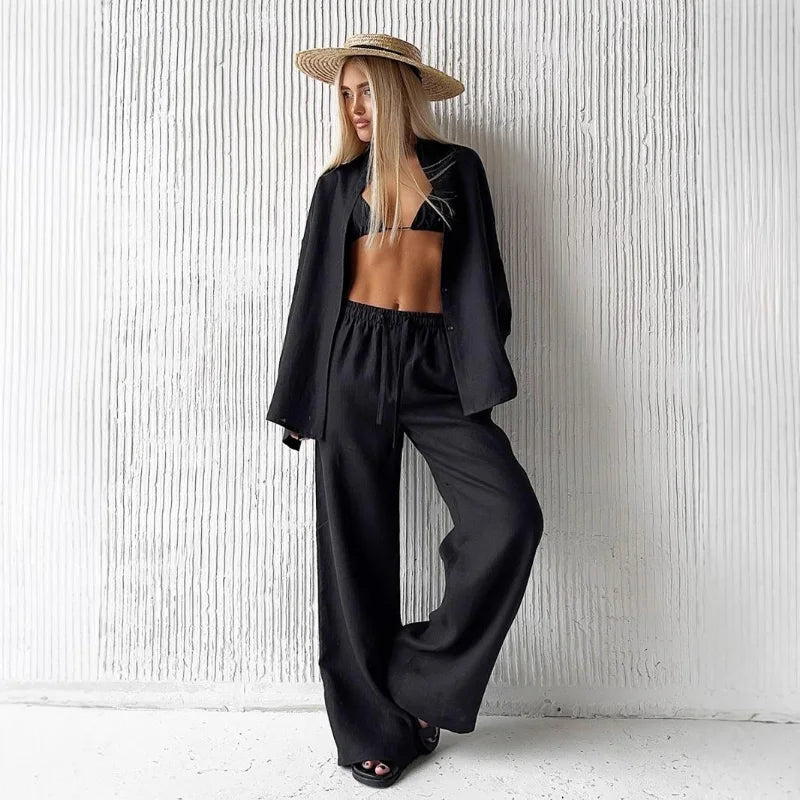 Conjunto casual de calças retas e soltas, moda primavera e outono, manga comprida, camisa de botão único, roupa chique