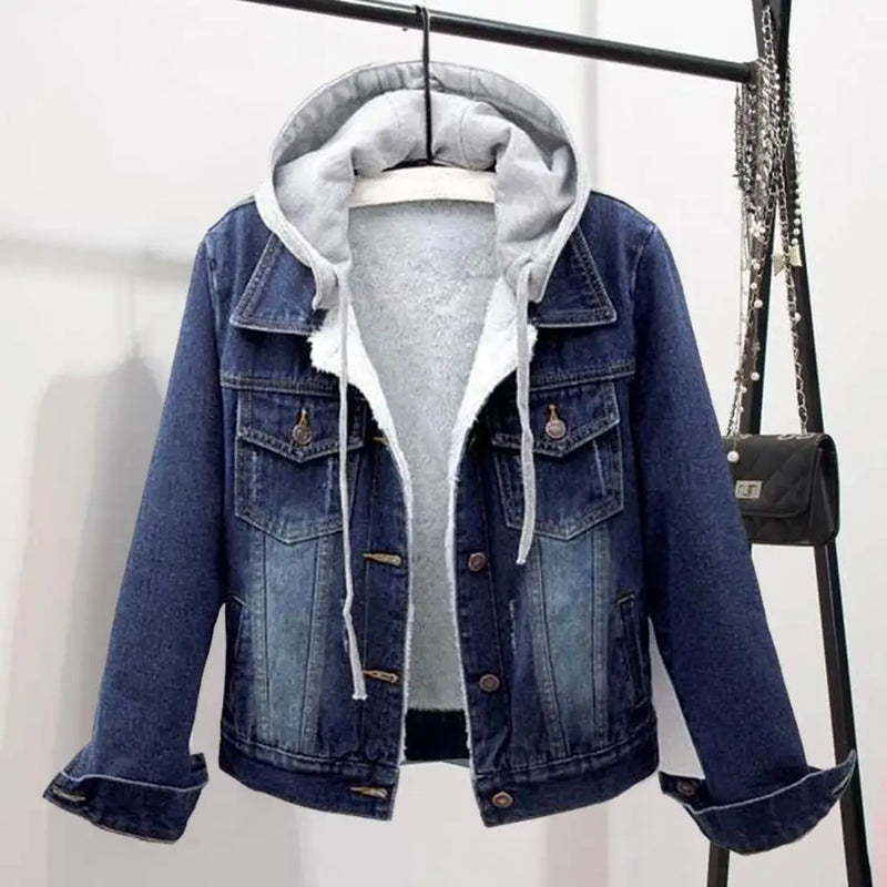 Jaqueta jeans feminina de pelúcia quente para outono e inverno, casaco de algodão curto azul jeans, casaco feminino com capuz, agasalho