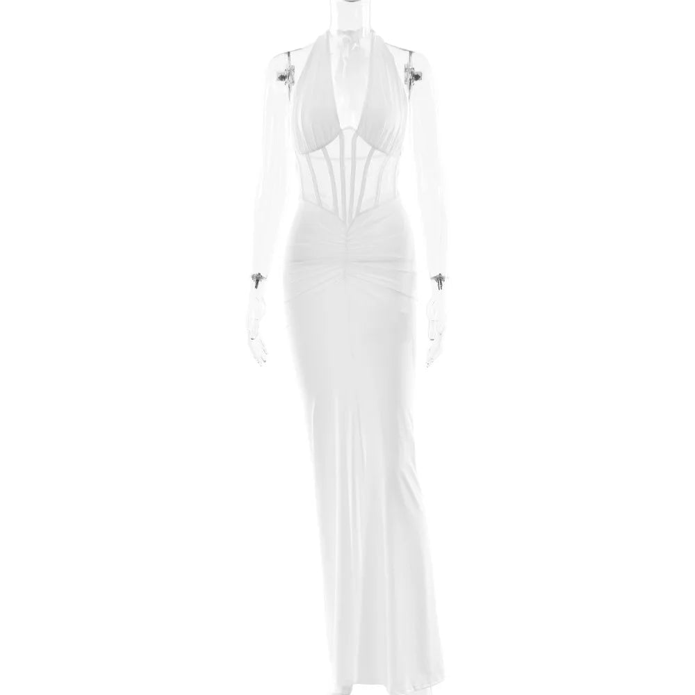 Elegant White Long Curvy Dress Women's Halter Deep V Backless Black Mesh Ruched Maxi Dresses Evening Party Cocktail Robe Summer