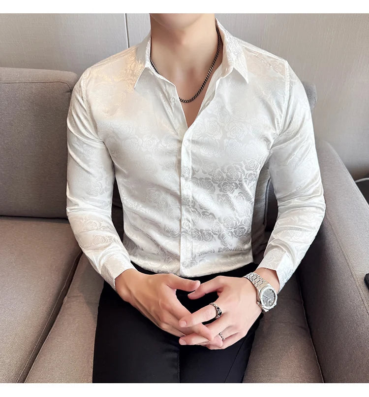Men's Social Shirt New Rose Printed Long Sleeve Shirt Luxury Fashion Business Slim Fit Formal Shirt Men's Clothing 4XL-M