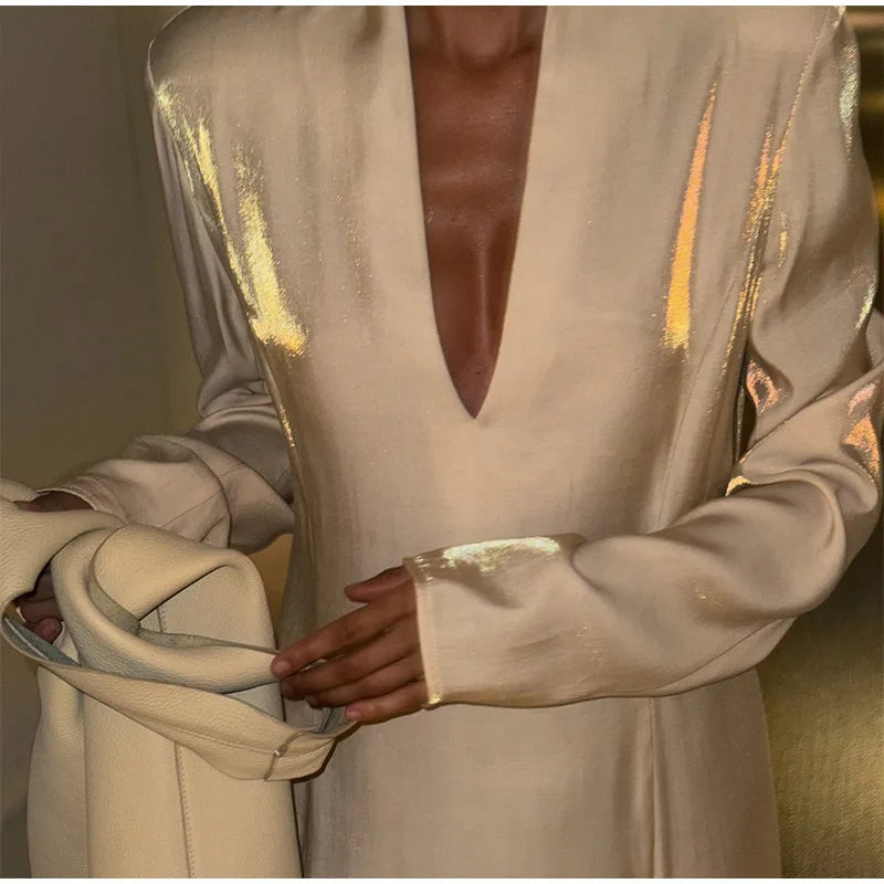 Fashion Solid Shiny Laser Color Splicing Long Dress Chic V Neck Full Sleeves Split Maxi Dresses Spring Women New Party Vestidos