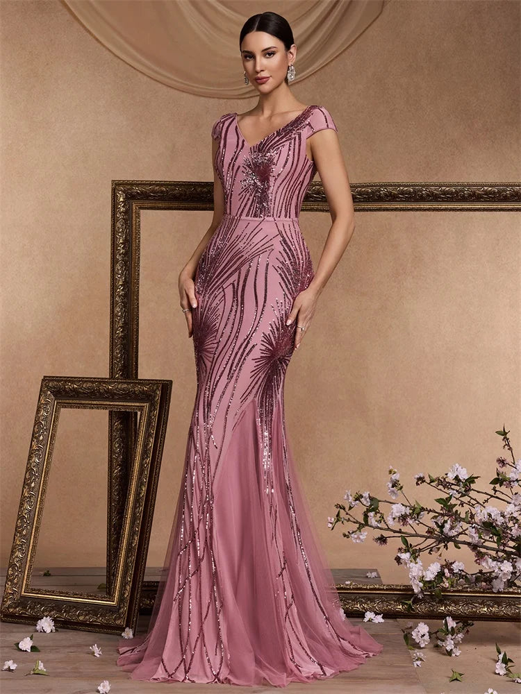 Luxury Cap sleeve V-neck Sequin Formal Evening Dress Women 2025 Elegant Mermaid Party Maxi Prom Arabia Cocktail Graduation Gowns