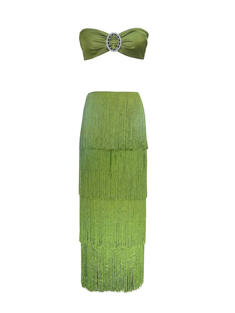 Tassel Skirt Set  Women  A Line Skirt High Waist Beach Skirt Bandage Super Short Top Summer Beach Holiday Party Bathing Suit