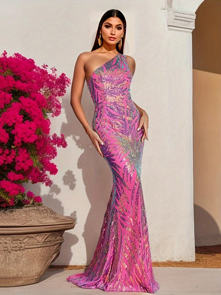 Lavender Pink One Shoulder Sequin Maxi Dress Sleeveless Evening Party Prom Gown for Women - CRAVO ROSE