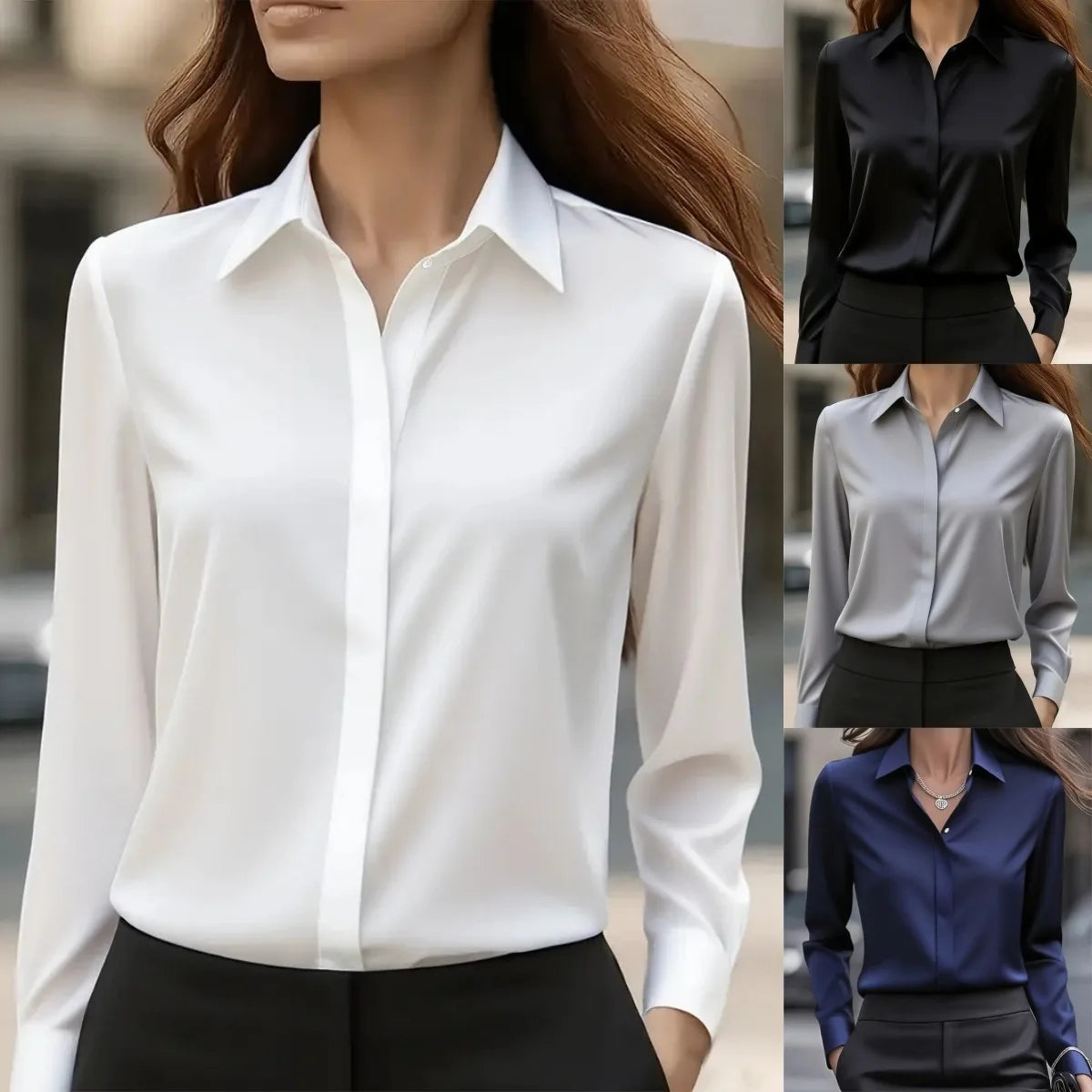 2025 New Women's Long-sleeved Shirt 10 Color Lapel Satin Button Cardigan Office Commuting Elegant Simple Top Basic Blouses