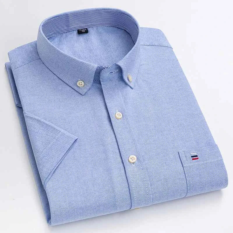 Men's Pure Cotton Oxford Short Sleeve Summer Casual Shirts Comfortable Standard-fit Button-down Plaid Solid Color Cotton Shirt