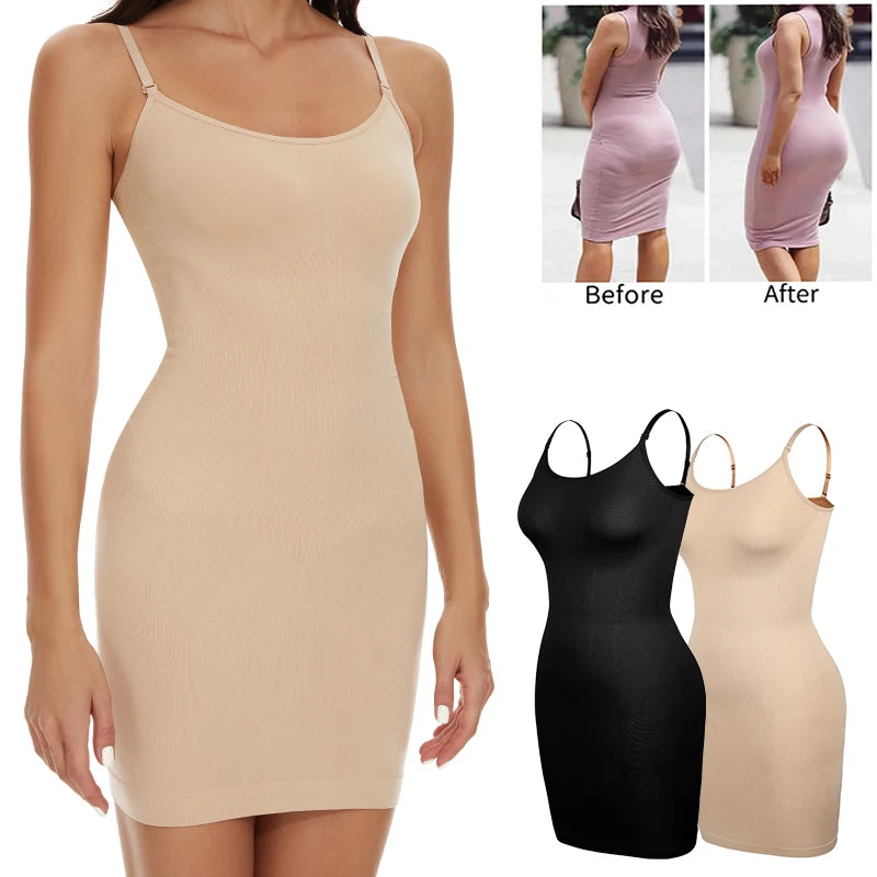 Women Shapewear Full Slip Tummy Control Scoop Neck Cami Mini Under Dress Smooth Body Shaper Seamless Spaghetti Straps Lingerie