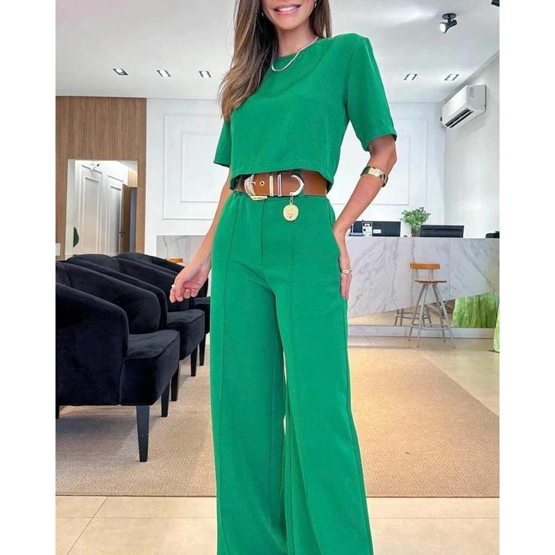 Casual Fashion Women Half Sleeve Crop T-shirt Wide Leg Pants Set Summer Femme Office Lady Two Pieces Suit Set Workwear Outfits - CRAVO ROSE