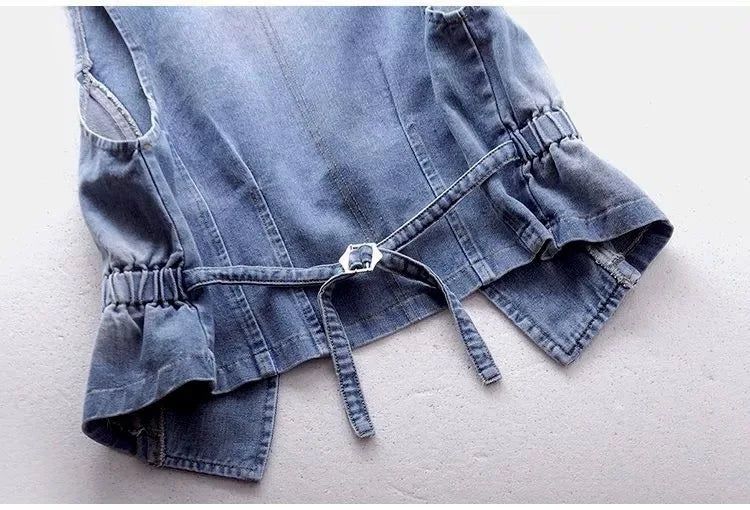 HLJ&GG Blue Fashion Denim Rivet Double-breasted Sleeveless Coats Women Lapel Slim Cowboy Vest Autumn New Tops Streetwear 2025