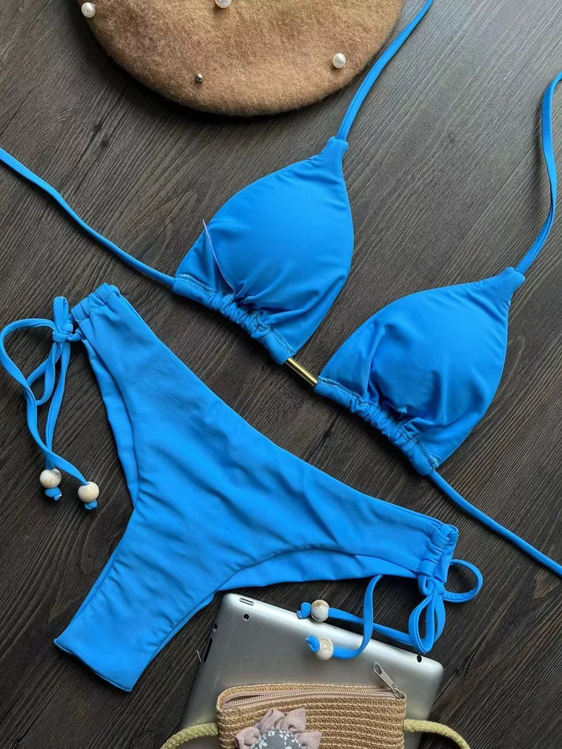 2024 sexy women bikini, brazilian triangle bikini, push-up swimsuit, metal chain beach bikini