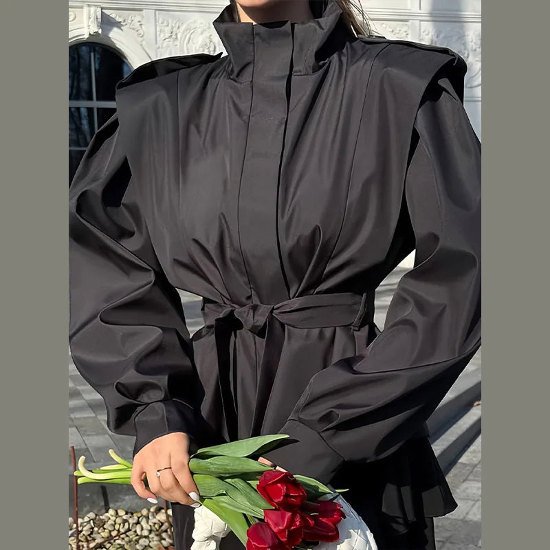 Fashion Stand Collar Belted Waist Short Jacket For Women Casual Puff Sleeve Wide Shoulder Coat Lady 2026 Chic Street Outerwear