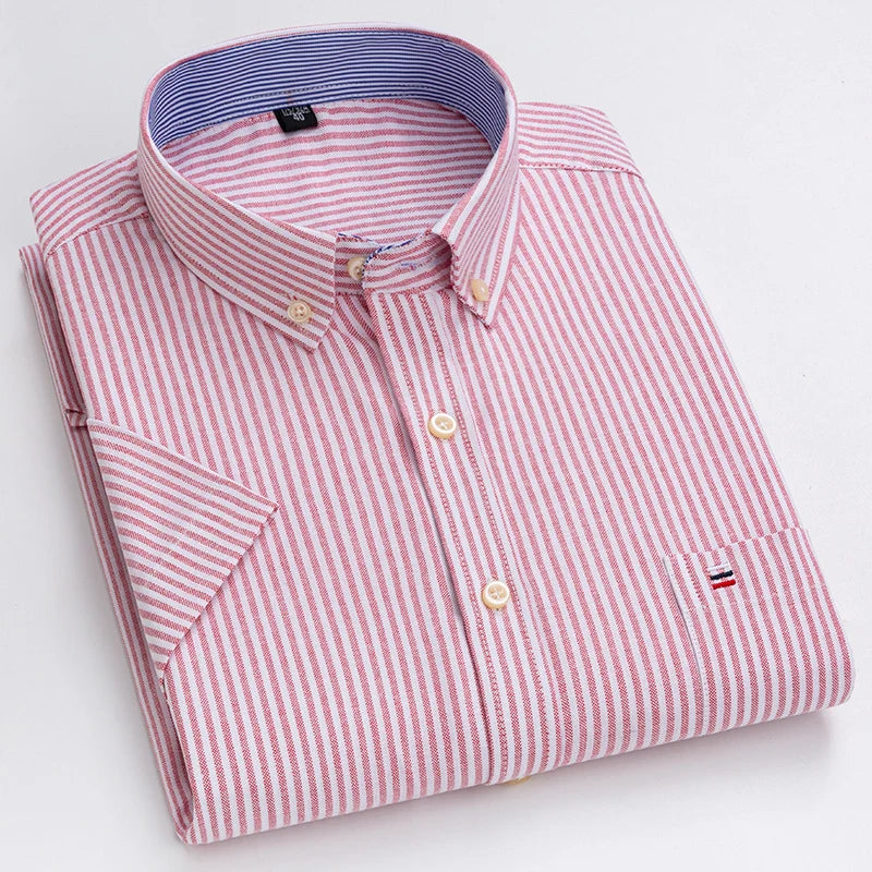 Men's Pure Cotton Oxford Short Sleeve Summer Casual Shirts Comfortable Standard-fit Button-down Plaid Solid Color Cotton Shirt