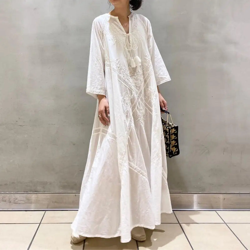 Elegante Vestido de Camisa Sólida Feminino Primavera Vestido de Verão Reto Vestidos Longos Manga Lanterna Maxi Vestidos Feminino Decote Em V Robe