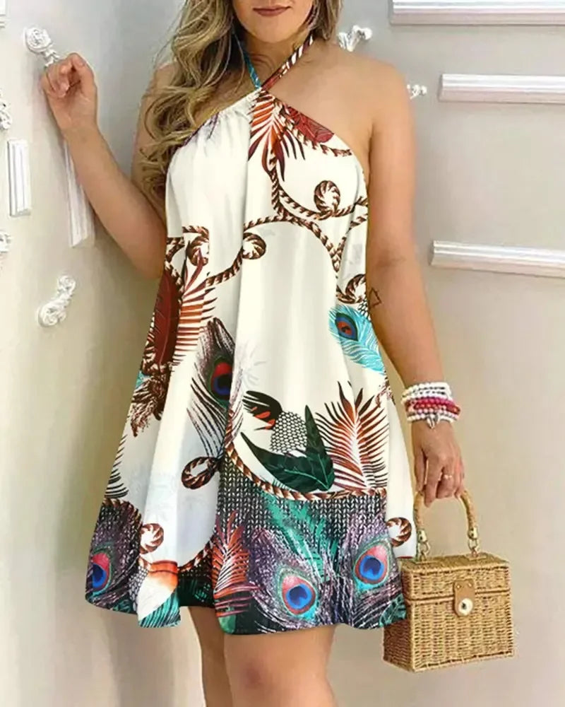 Vestidos Sem Mangas Sem Costas Curto Mini Vestido Solto Halter Neck Estampa Praia Vestido de Verão Floral Vestidos S-3XL