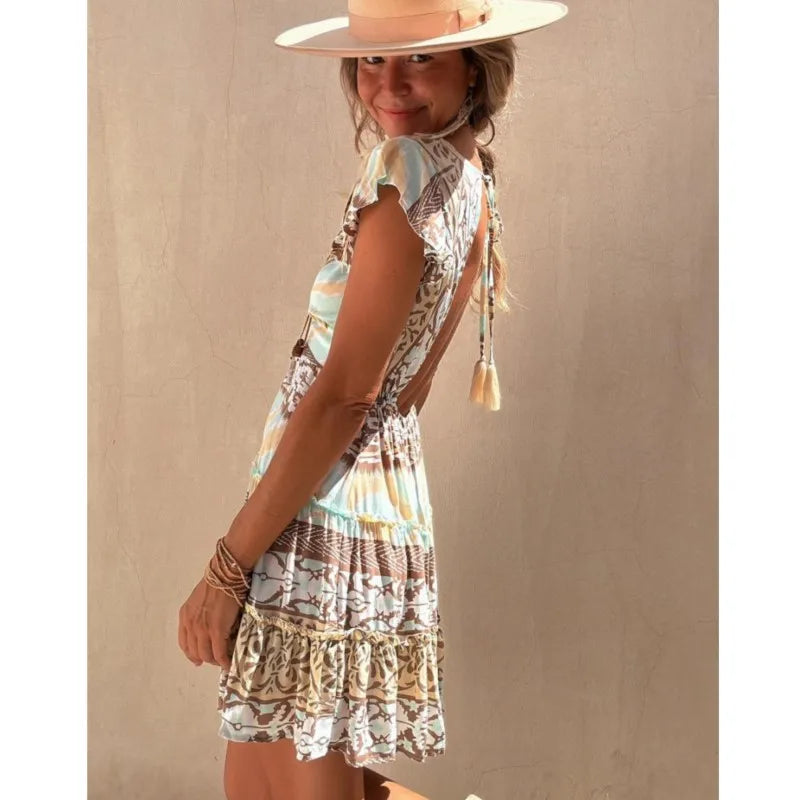 Vestido curto estilo étnico, decote em V, pulôver estampado, mangas voadoras, cintura elástica, saia curta feminina