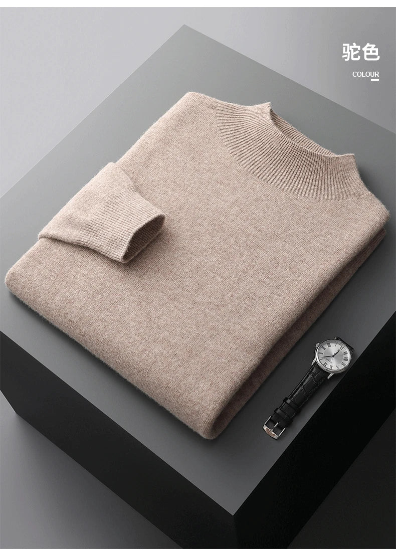 100% Pure Wool Cashmere Sweater Men's Half Turtleneck Pullover Casual Fashion Thickening Top Knitting Sweater