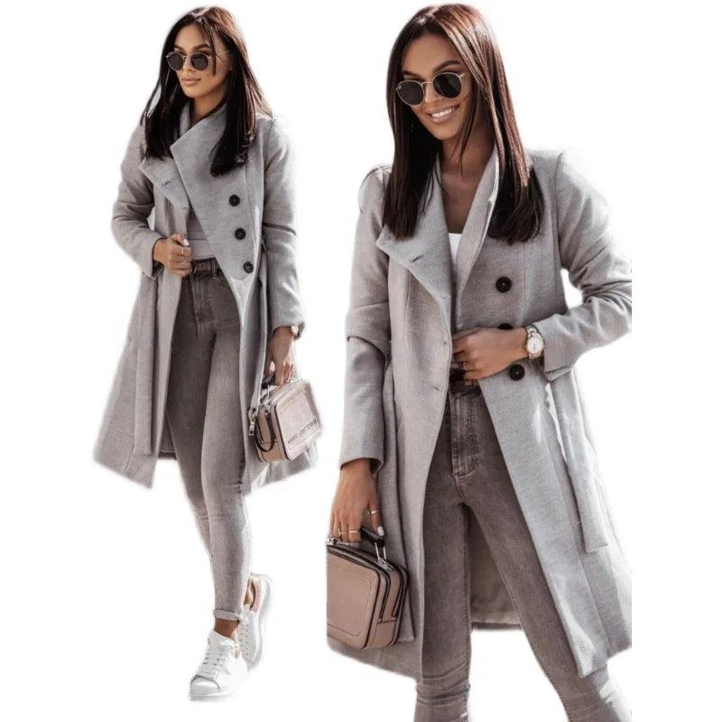 Casual Wool Coat Women's 2021 Autumn Winter Fashion New Turn-down Collar Long Sleeve Button Jacket Office Lady Coats With Belt - CRAVO ROSE