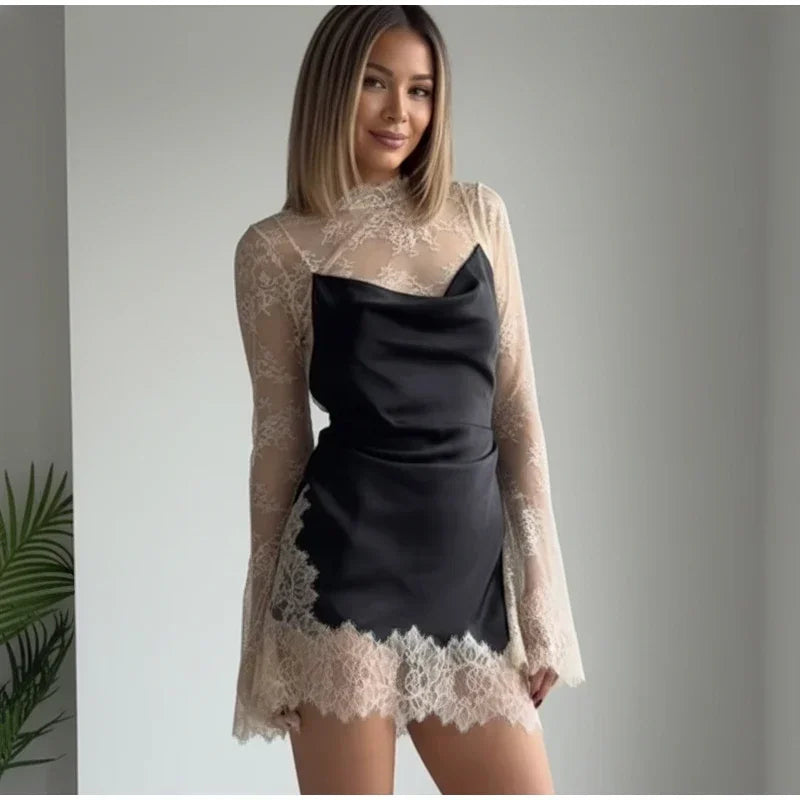 Elegant Lace Hollow Out Mini Dress Women Long Sleeve Designs Chic High Neck Short Vestidos 2026 Trendy Spring Club Night Gown