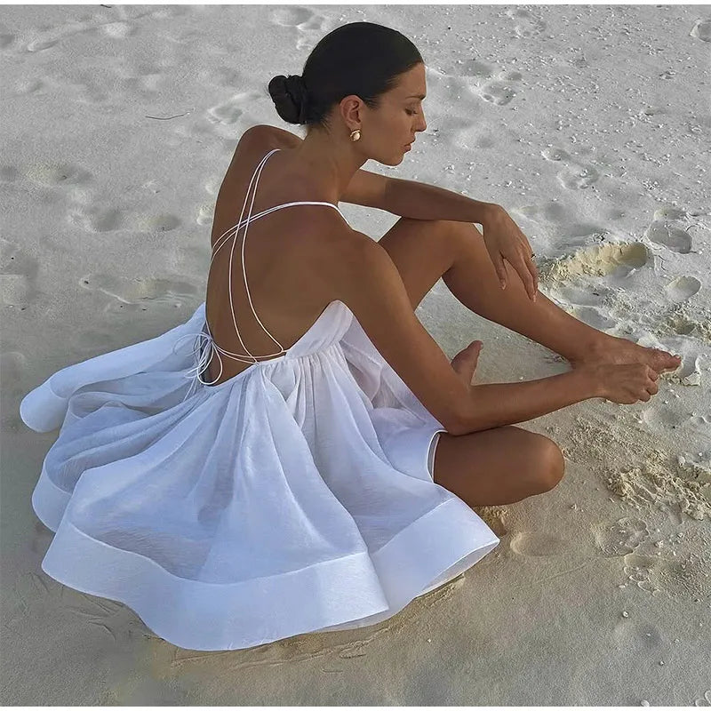 2025 Sexy Backless Lace Up Women's Sling Mini Dress Chic Solid High Waist Loose Pleated Hem Vestido Lady Summer Party Beachwear