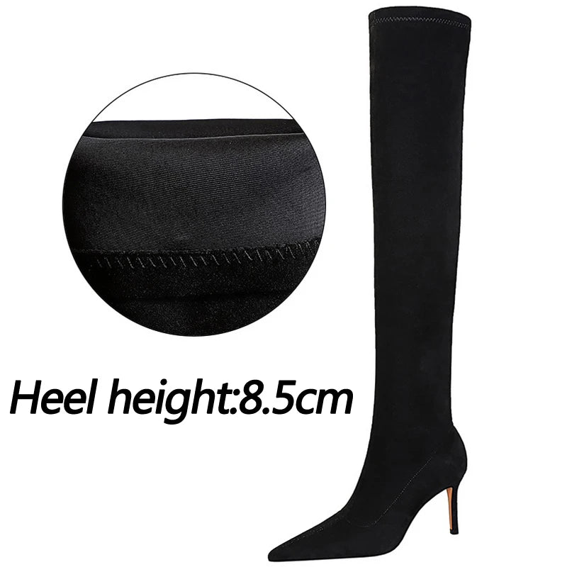 Botas BIGTREE de camurça sexy acima do joelho, pretas, de pelúcia, quentes, femininas, de inverno, finas, de salto alto, botas longas, plus size 42 43