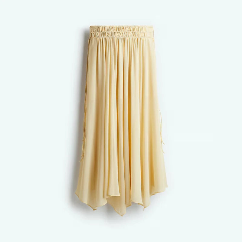 Conjunto feminino de saia e camisa urbana, gola redonda, manga comprida, botões, babados em cascata, zíperes, saias,  2025