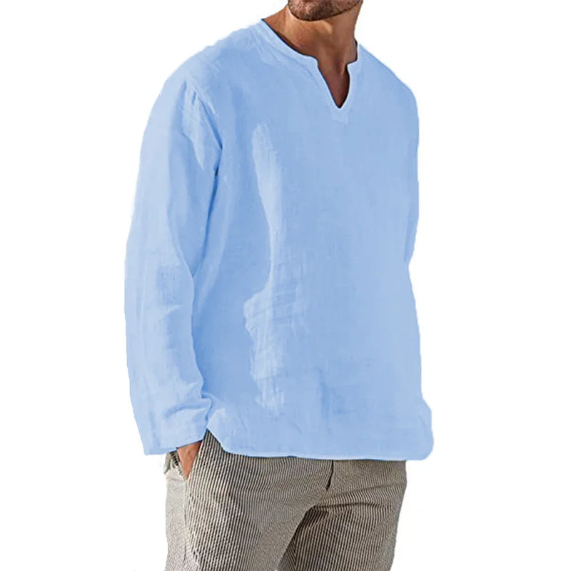 Camisa masculina de algodão e linho, cor sólida, aconchegante, manga comprida, respirável, blusa casual com decote em V, camisa havaiana, camisas leves