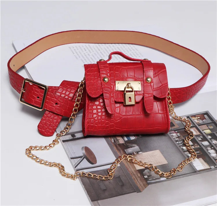 Korean version concave ins crocodile pattern mini small fanny pack removable belt chain diagonal span women's bag