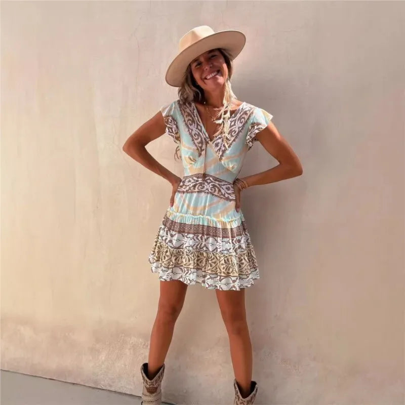 Vestido curto estilo étnico, decote em V, pulôver estampado, mangas voadoras, cintura elástica, saia curta feminina