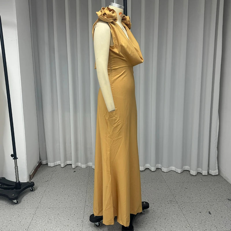 Ellafads Women Elegant Maxi Dress Solid Sleeveless V Neck With Flower Decoration Backless Nipped Waist Slim Mermaid Long Dresses