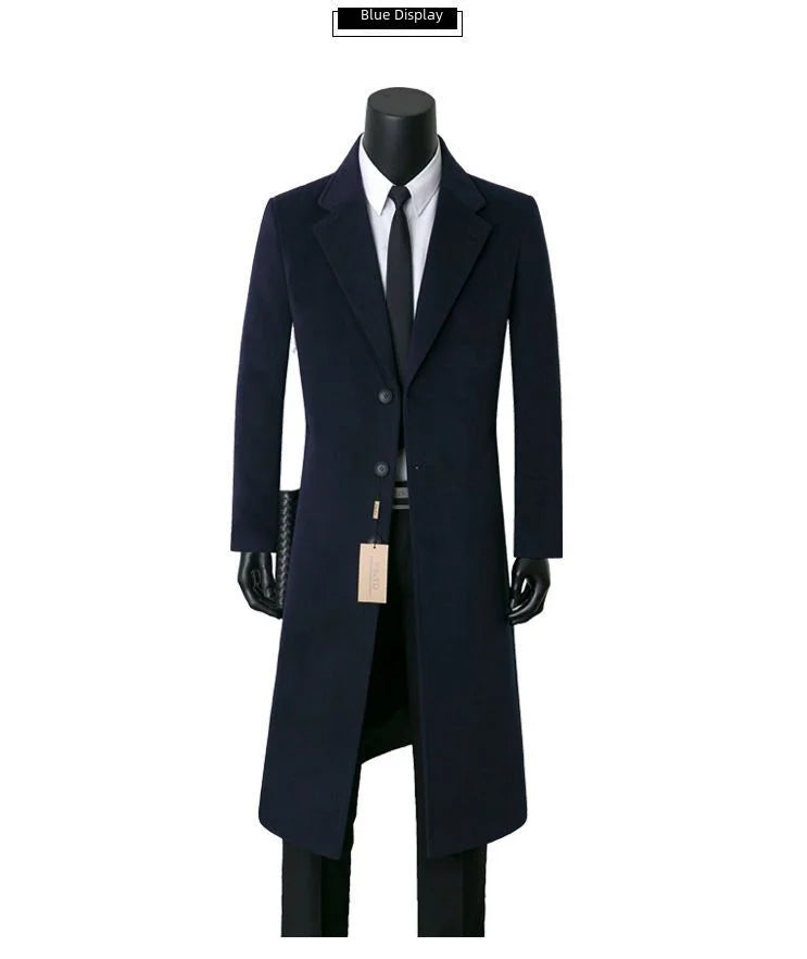 Sobretudo de lã masculino para outono e inverno, comprimento médio, casual, corta-vento quente, jaqueta com gola para pai