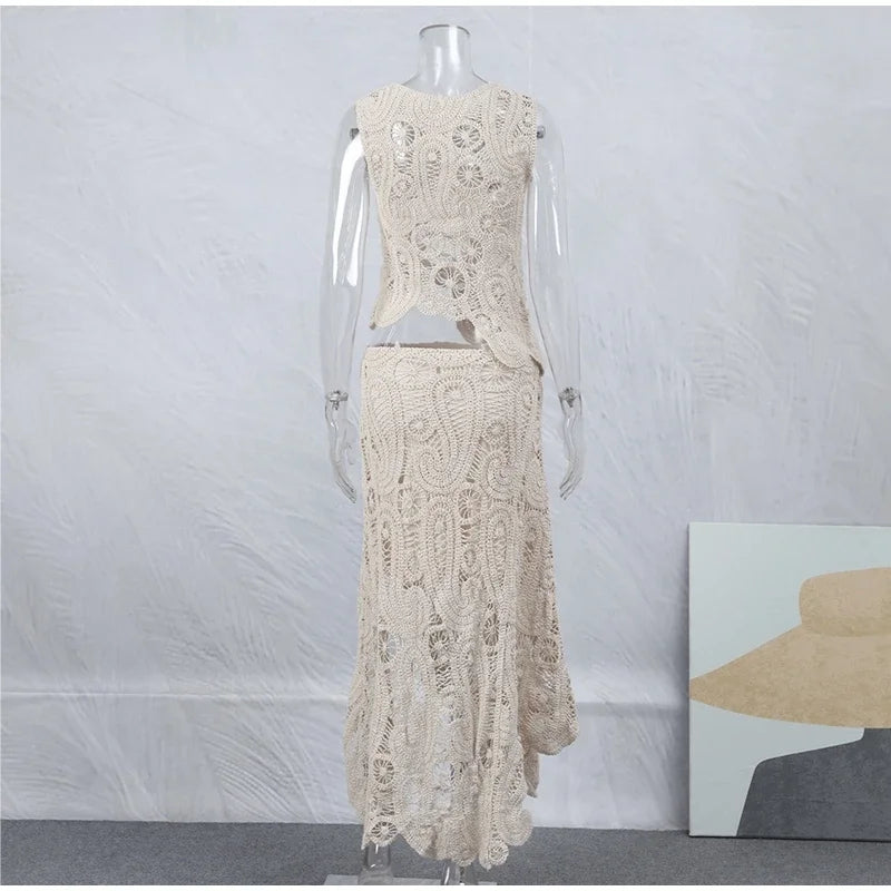 Crochet Knitted Asymmetric Women's Dress Set Chic O-neck Sleeveless Top Short Lining Skirt Suit 2023 Fashion Fairy Sweet Outfits