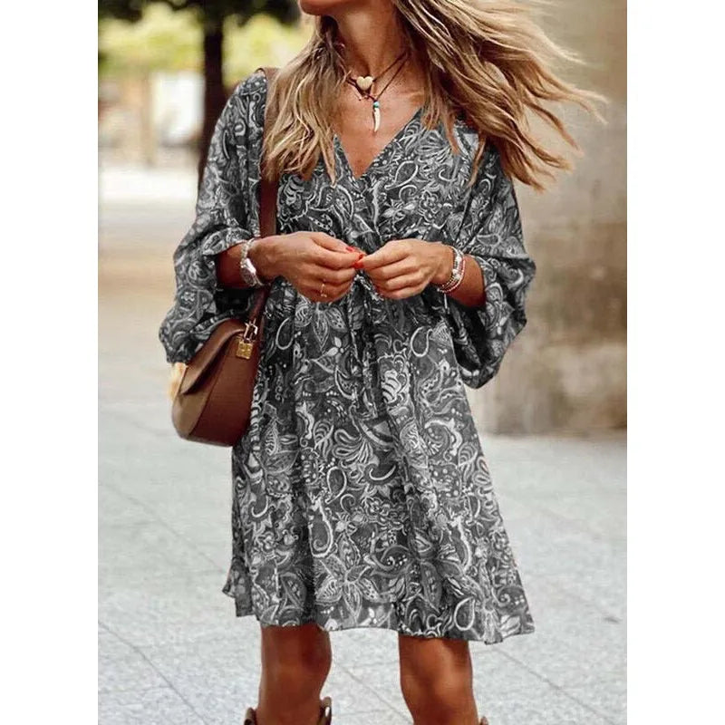 Vestido feminino com estampa floral, vintage, para trabalho, decote em V, elegante, plissado, paisley, manga bufante, babados, vestido casual