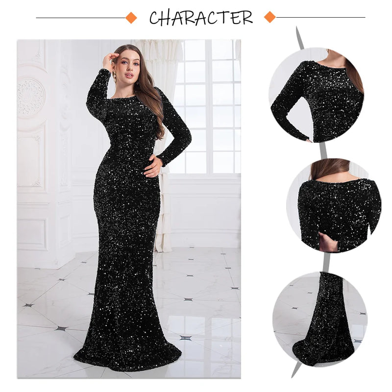 Romagic Elegant Women Modest Stretch Sequin Royal Blue Wedding Prom Gown Long Sleeves Mermaid Formal Evening Party Dress 2025
