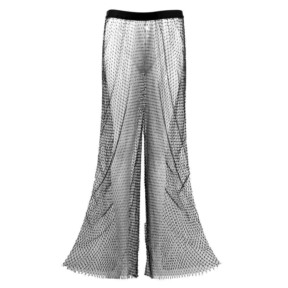 Sparkle Diamante Fishnet Wide Leg Trousers Crystal Mesh Flare Pants High Waisted Rhinestone Split Hem Leggings