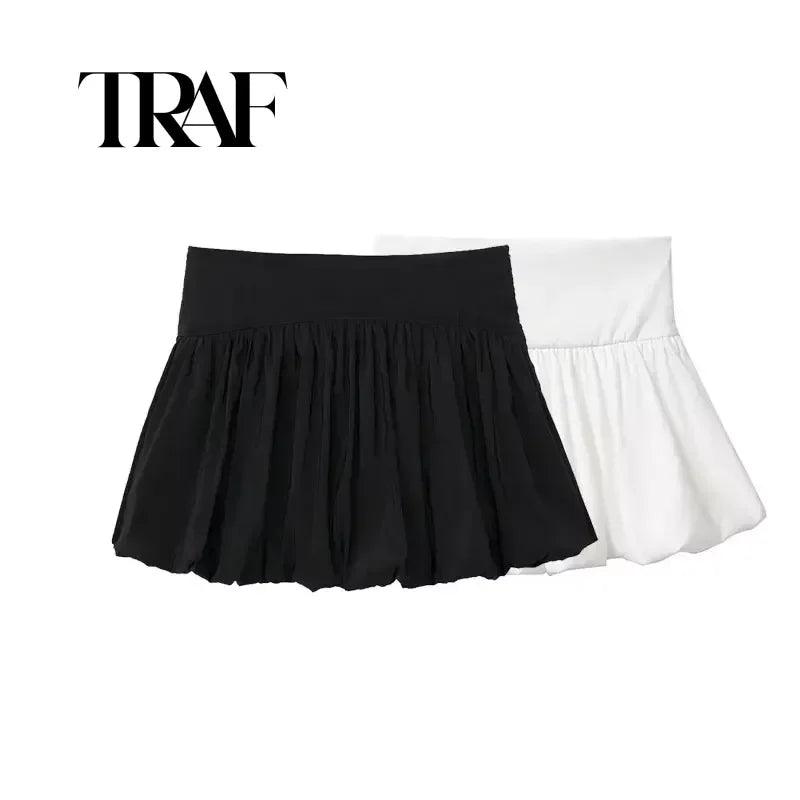 TRAF Women Pleated Bubble Mini Skirt Y2k Ruffle Hem Elastic Waist Puffy Short Skirt Girls Cute Balloon Skirt - CRAVO ROSE