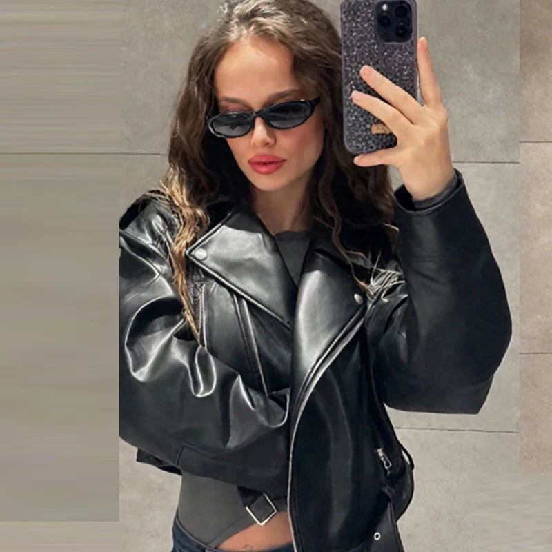 HXAO Black Pu Leather Jacket Women's Jacket Autumn 2025 Crop Asymmetric Zip Coat Long Sleeve Outerwears Chic Motorcyclist Jacket