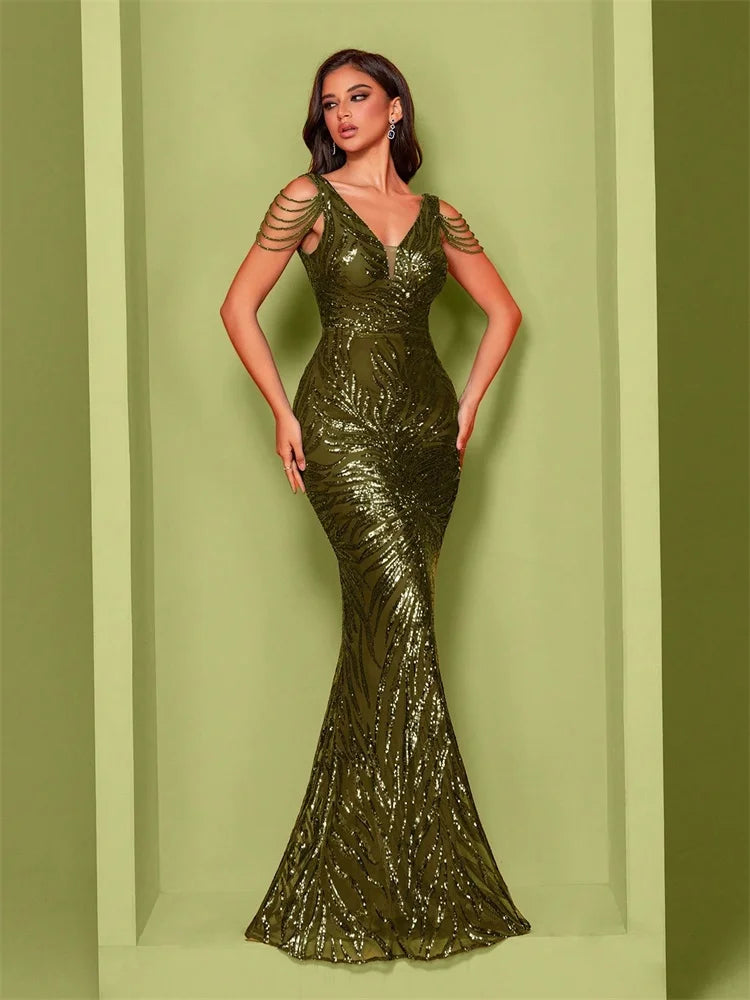 Elegant V-Neck Beading Sequin Evening Dress 2025 Long New Luxury Women Formal Mermaid Party Prom Cocktail Graduation Gowns