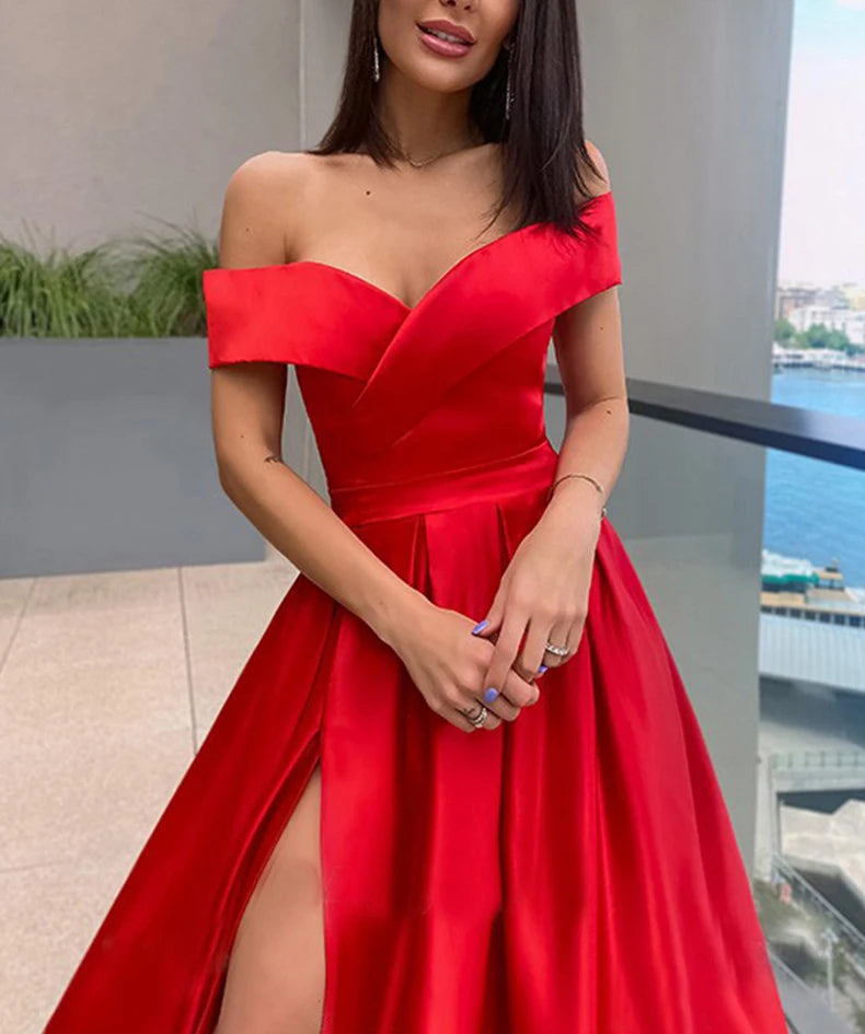 Popular Elegant Long Gowns Red A-Line Formal Party Evening Dresses V Neck Sexy Strapless Slit Satin Women's Wedding Dresses