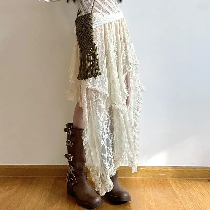 Saia assimétrica de renda Fairycore feminina vintage Y2K Boho estética moda cintura alta saias médias femininas roupas de férias