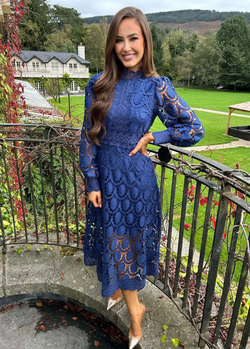 Mandylandy French Lace Women Dress Solid Color Stand Collar Long Puff Sleeve Dress High Waist Slim Fits Elegants Party Dress
